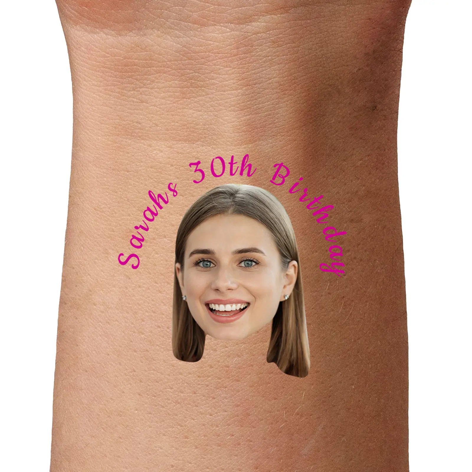 Personalised Birthday Face Tattoo with Pink Text temporary tattoos by TattoIt.co.uk