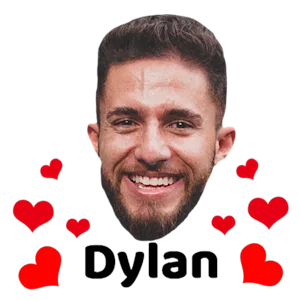 A mans face with hearts surrounding them on a temporay tatto.