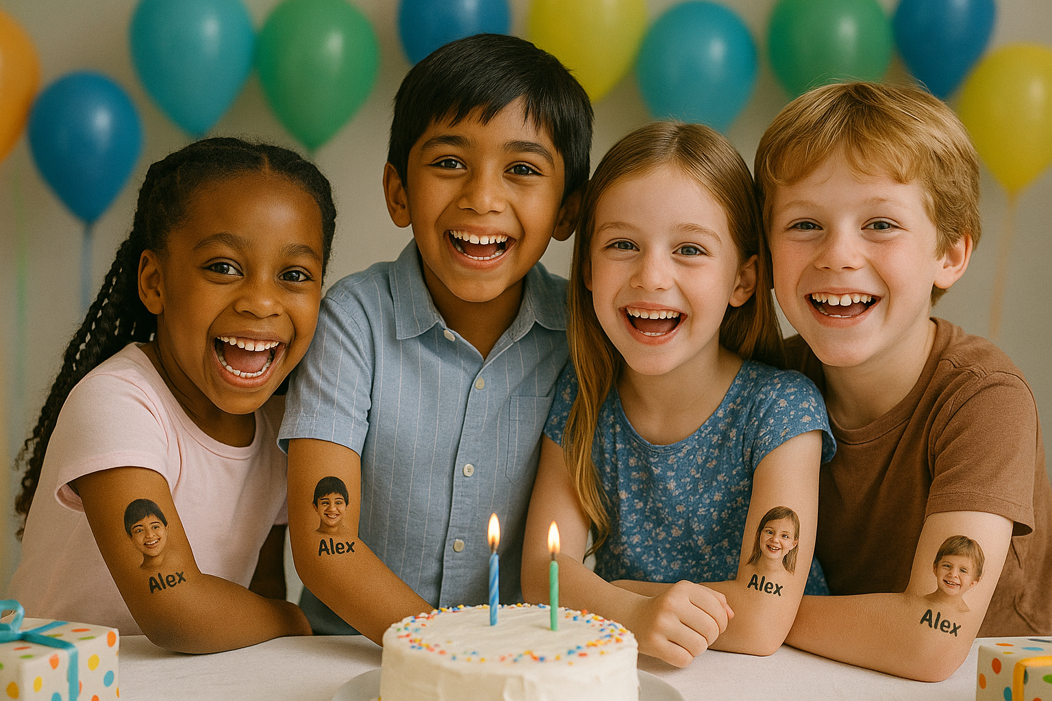 A group of children gathered around a birthday cake with temporary tattoos