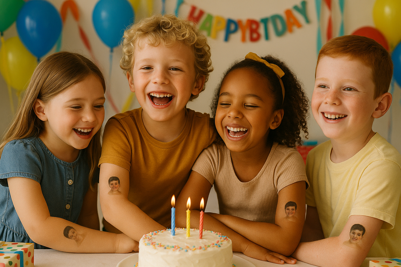 A group of children gathered around a birthday cake with temporary tattoos