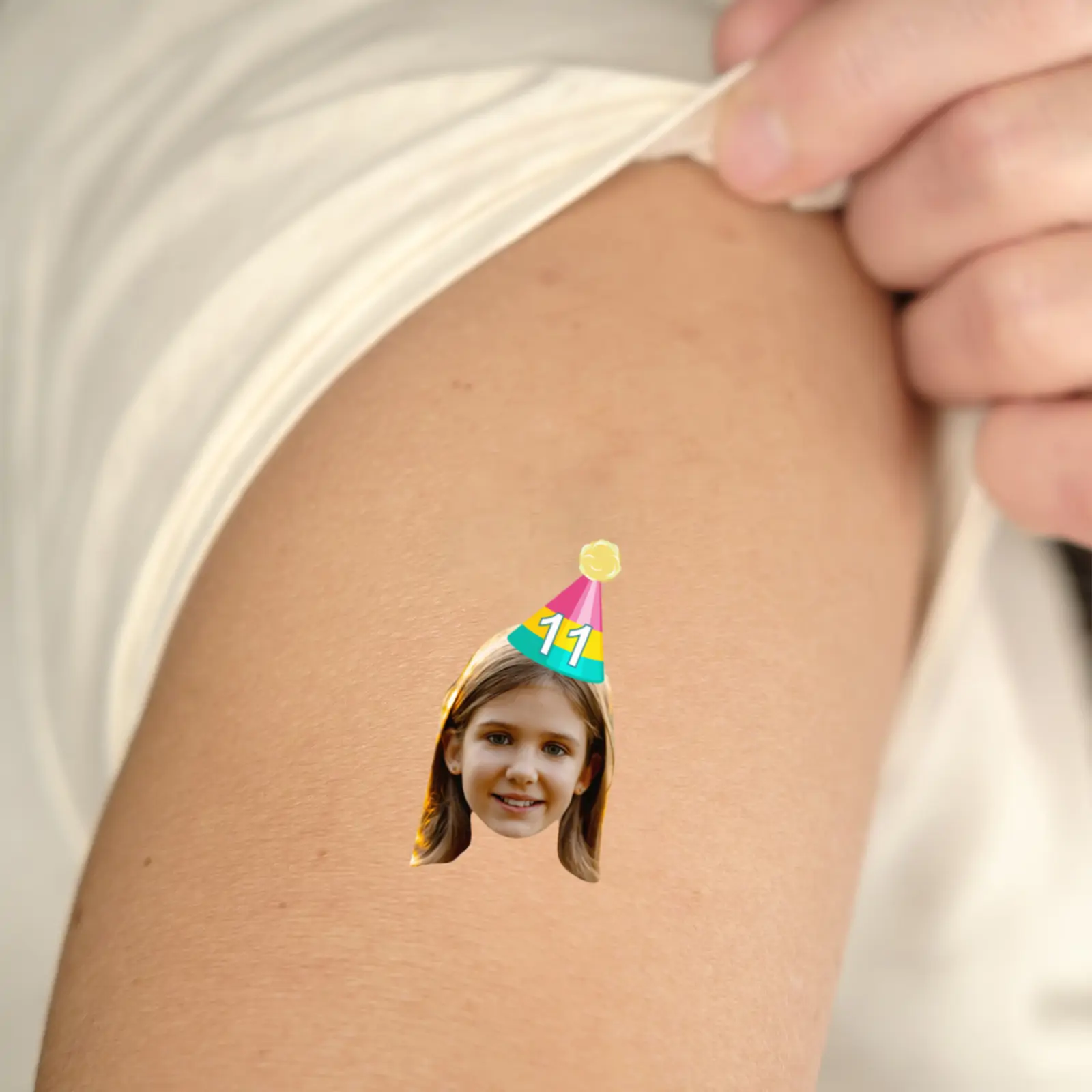 Birthday Face Temporary Tattoo with Pink Yellow and Green Party Hat temporary tattoo