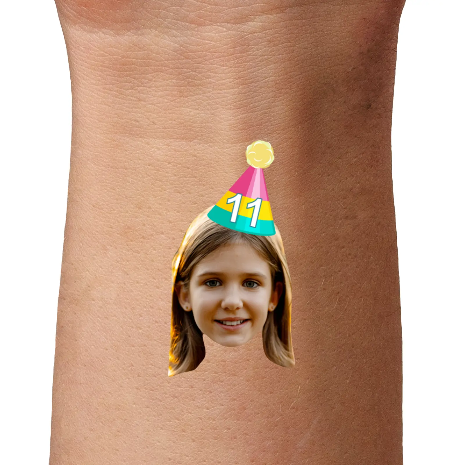 Birthday Face Temporary Tattoo with Pink Yellow and Green Party Hat temporary tattoo