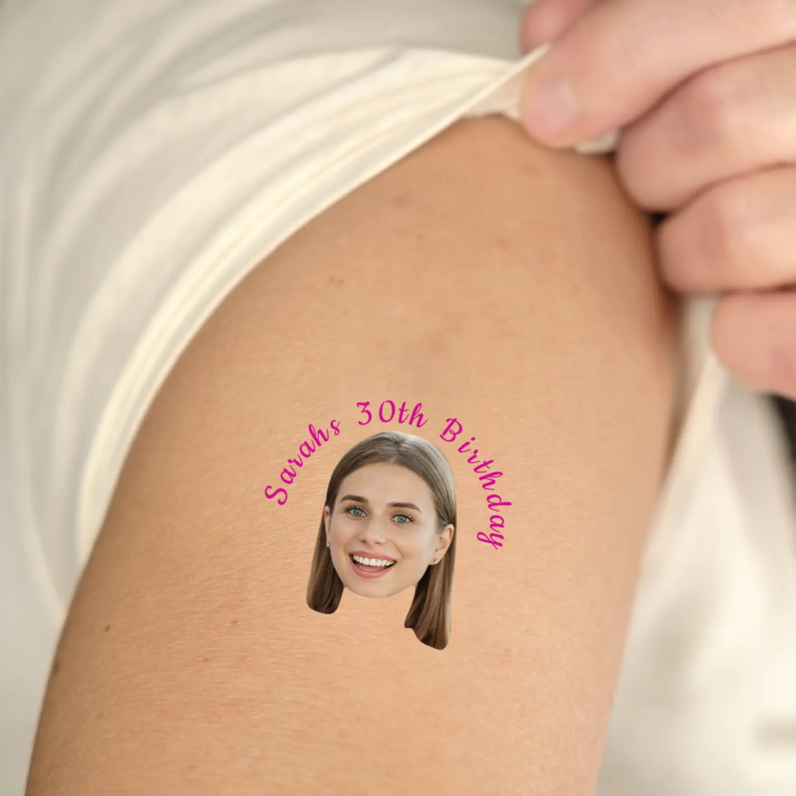 Personalised Birthday Face Tattoo with Pink Text temporary tattoo