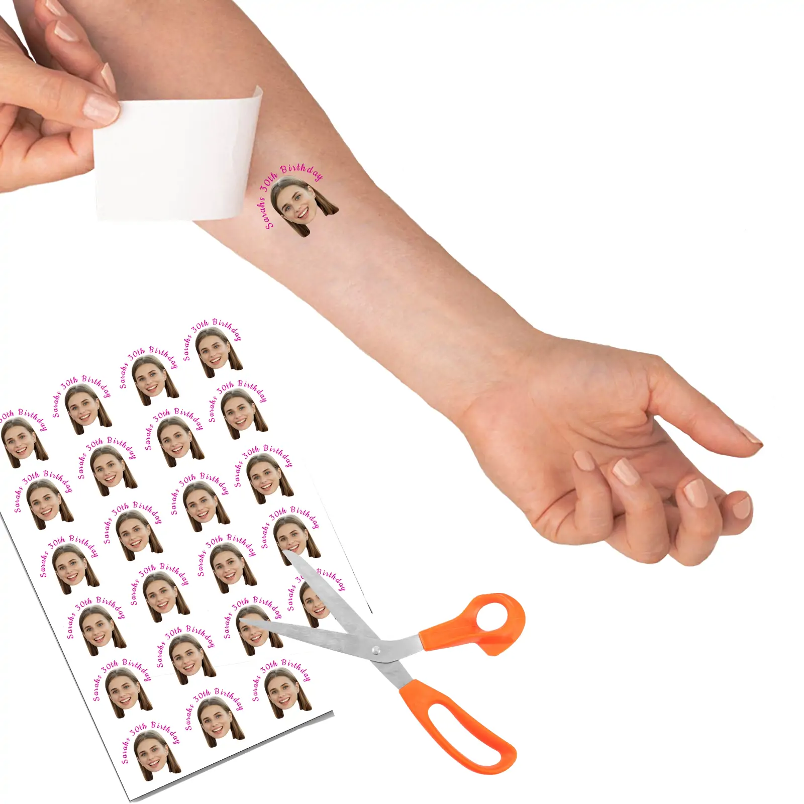 Personalised Birthday Face Tattoo with Pink Text temporary tattoo