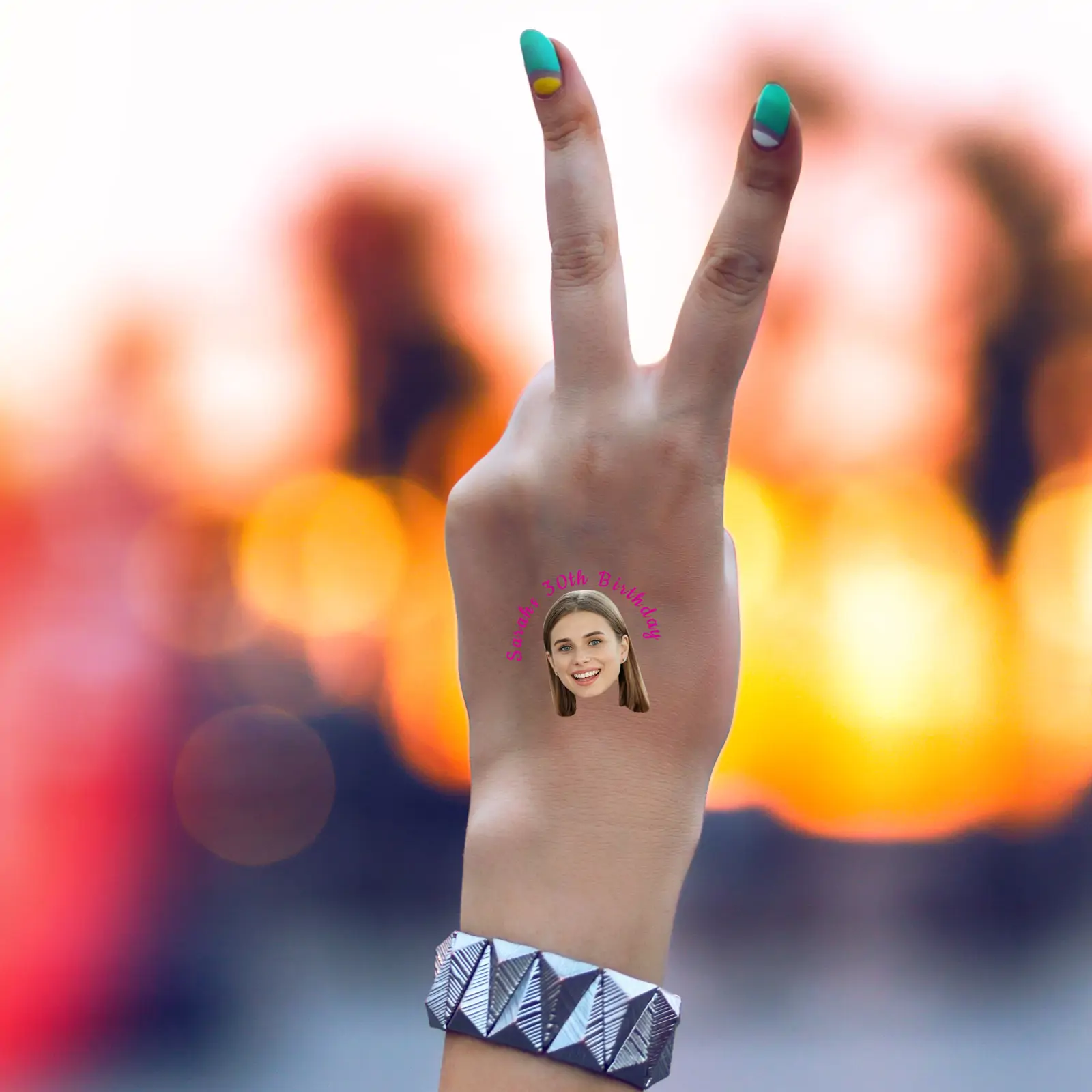 Personalised Birthday Face Tattoo with Pink Text temporary tattoo